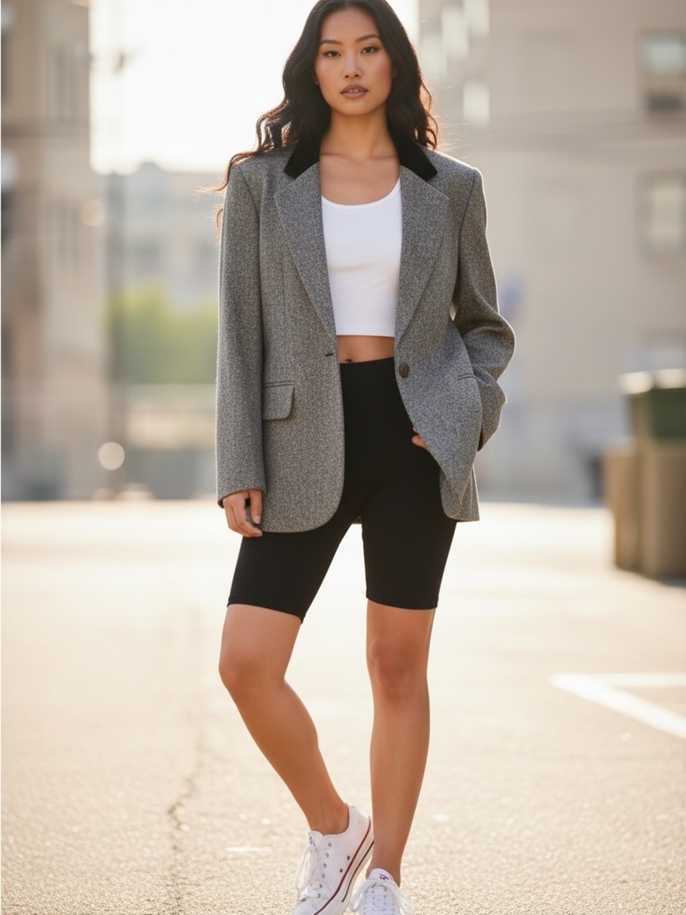 Vintage Blazer Preppy Wool-Blend Gray Tailored Jacket with Black Velvet Size 14